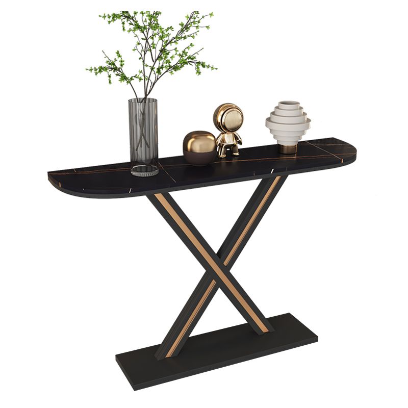 Half Moon Stone Top Accent Table with Black Iron Pedestal Base