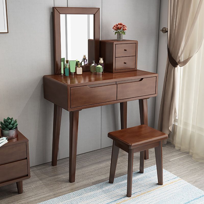 Mirrored Wood Makeup Dressing Table Stool Set with 4 Drawers