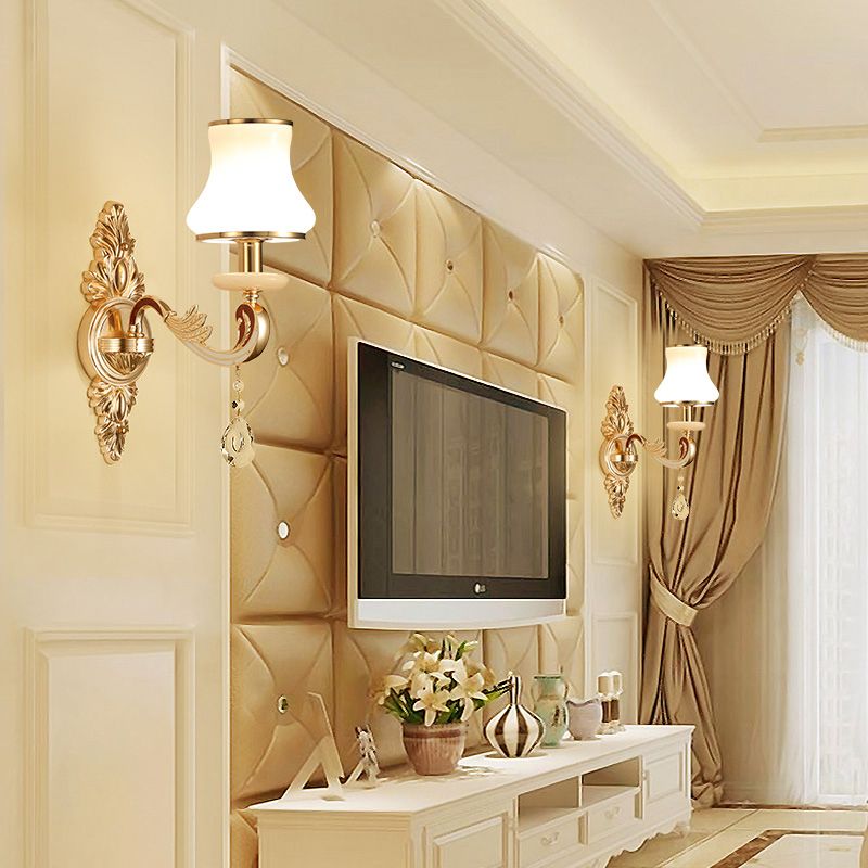 Flared Sconce Lamp Retro Style Gold Milk Glass Wall Mount Light with Crystal Droplet