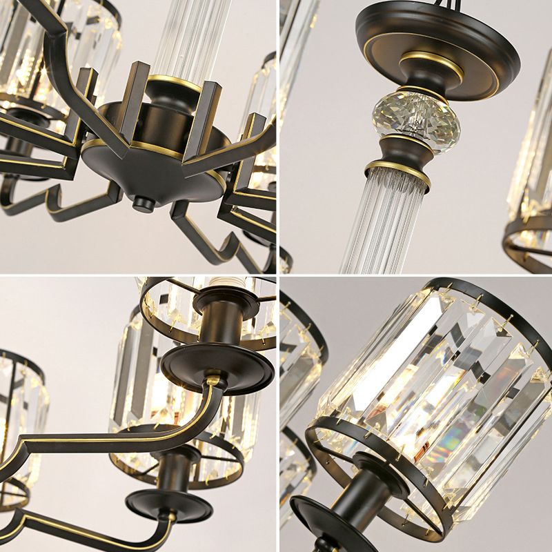 Black Finish Pendant Lamp Minimalist Crystal Cylinder Hanging Chandelier for Bedroom
