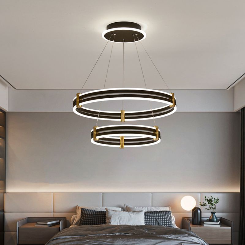 Black Tiered Round Chandelier Minimalist Acrylic LED Suspension Light for Living Room