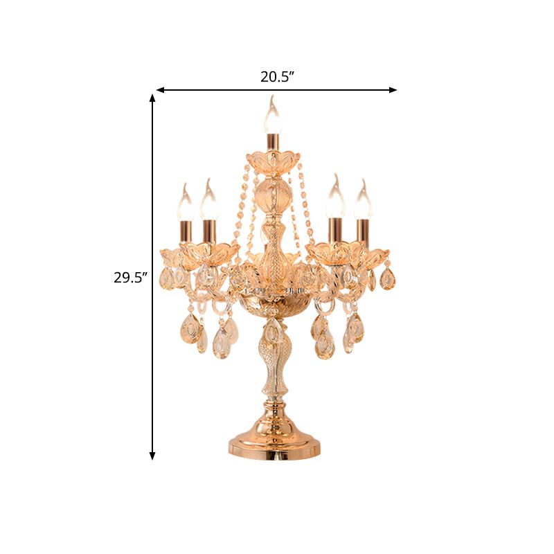 5/6 têtes Candelabra Table Light Traditional Gold Crystal Droplets Tablette de nuit avec / Sans nuance de tissu de cloche blanche