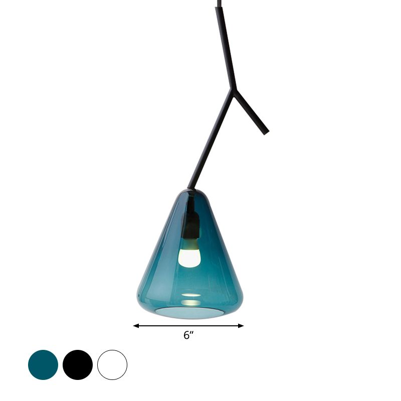 Black Branchlet Down Lighting Pendant Nordic 1 Bulb Metal Suspended Lighting Fixture with Conical Blue/Black/White Glass Shade
