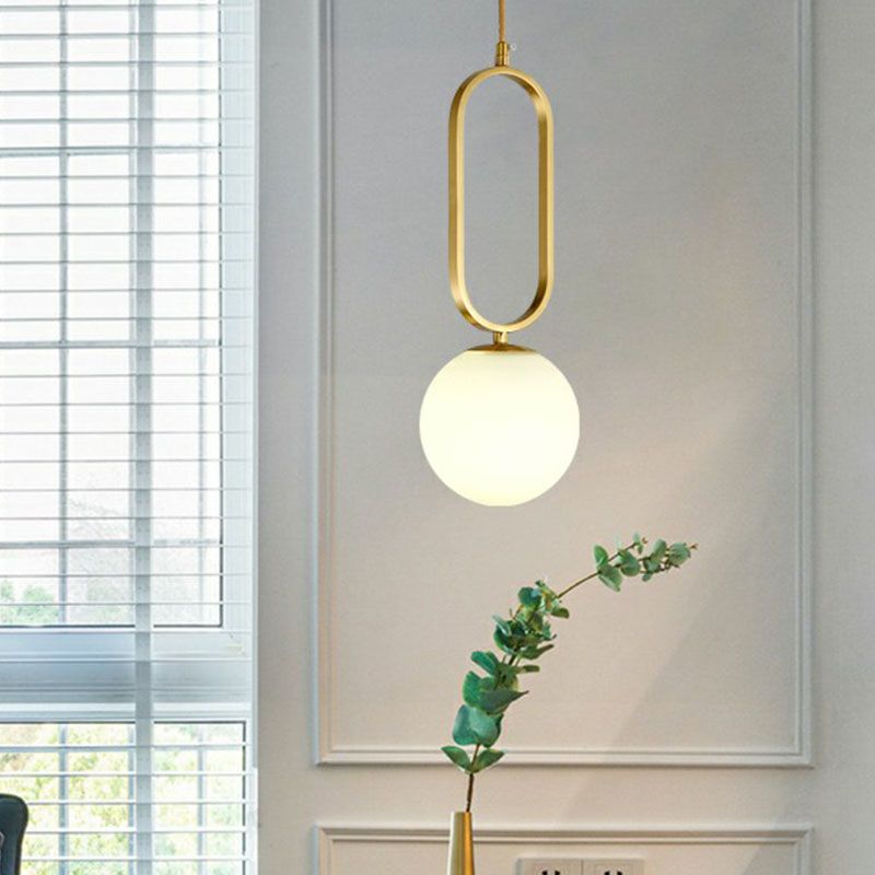 Ball Living Room Suspension Lamp Ivory Glass Single Simple Pendant Light with Oval Ring in Gold