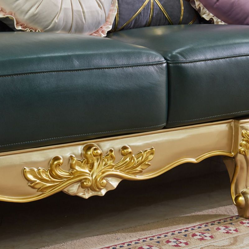 Tufted Split-Back Sofa Green Genuine Leather Rolled Arm Sofa with Nailhead