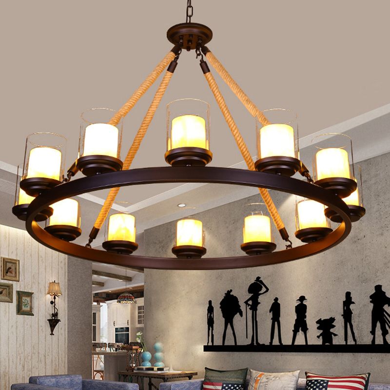 Clear Glass Cylindrical Suspension Lamp Farmhouse Living Room Chandelier with Rope Arm
