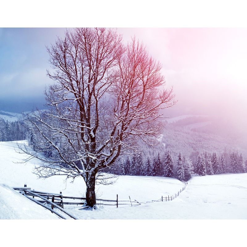Pink Mountainside Trees Wallpaper Mural Snow Landscape Modern Stain-Proof Wall Art