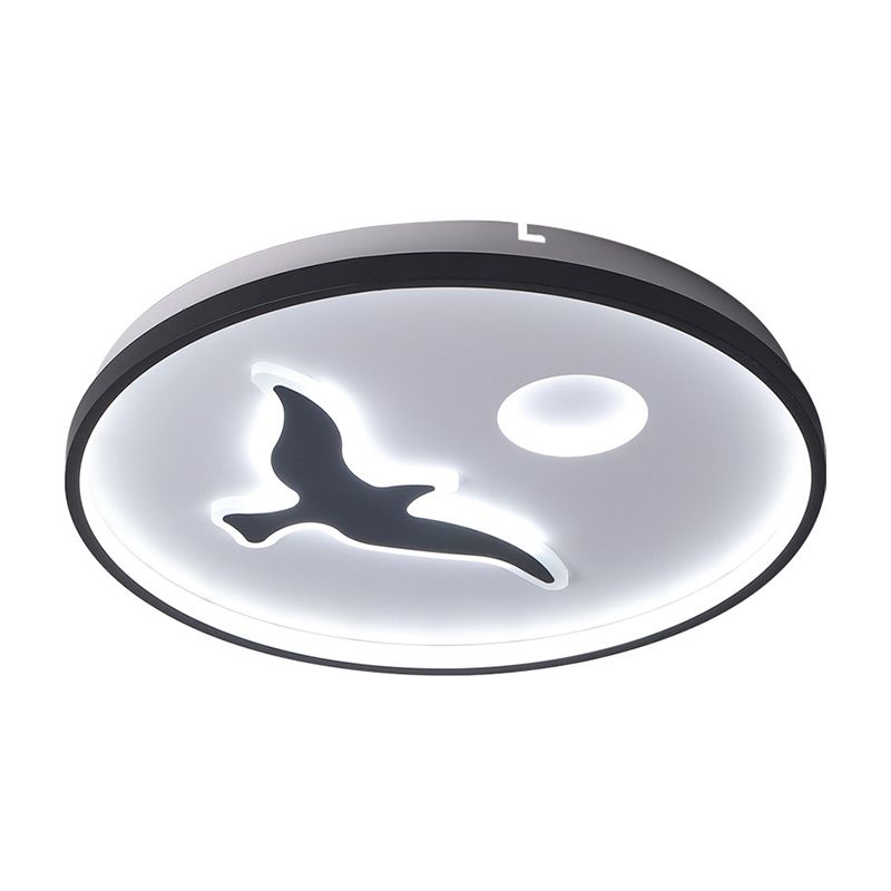 Rounded Metal Flush Light Nordic 16.5"/20.5"/24.5" Wide LED Black Flush Mount with Bird and Sun Pattern in Warm/White Light