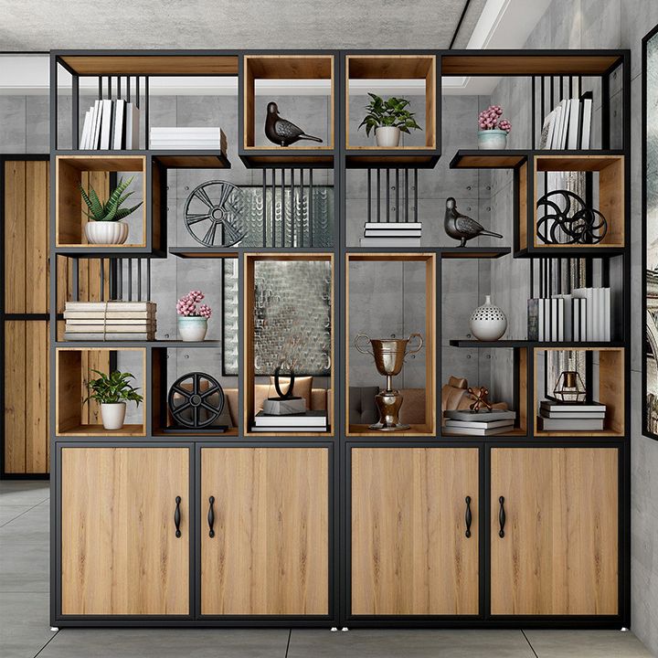 Metal and Wooden Bookcase Home Open Storage Bookshelf with 2 Doors