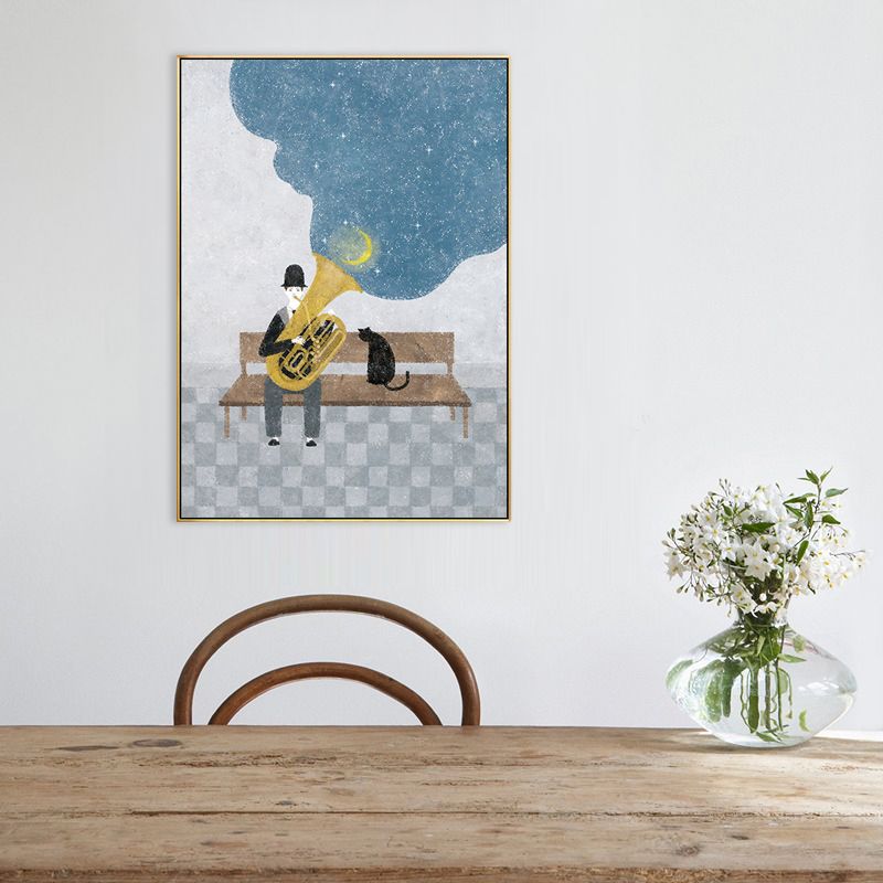 Childrens Art Musical Canvas Print Blue Gentleman Playing Trumpet with His Cat at Night Wall Decor
