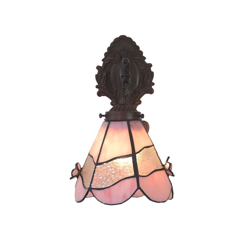 Pink Cut Glass Trapezoid Wall Lighting Mission 1 Light Bronze Flower Patterned Wall Mount Lamp for Dining Room