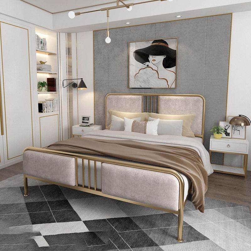 Glam Metallic Open-Frame Bed with Fabric Upholstered Headboard
