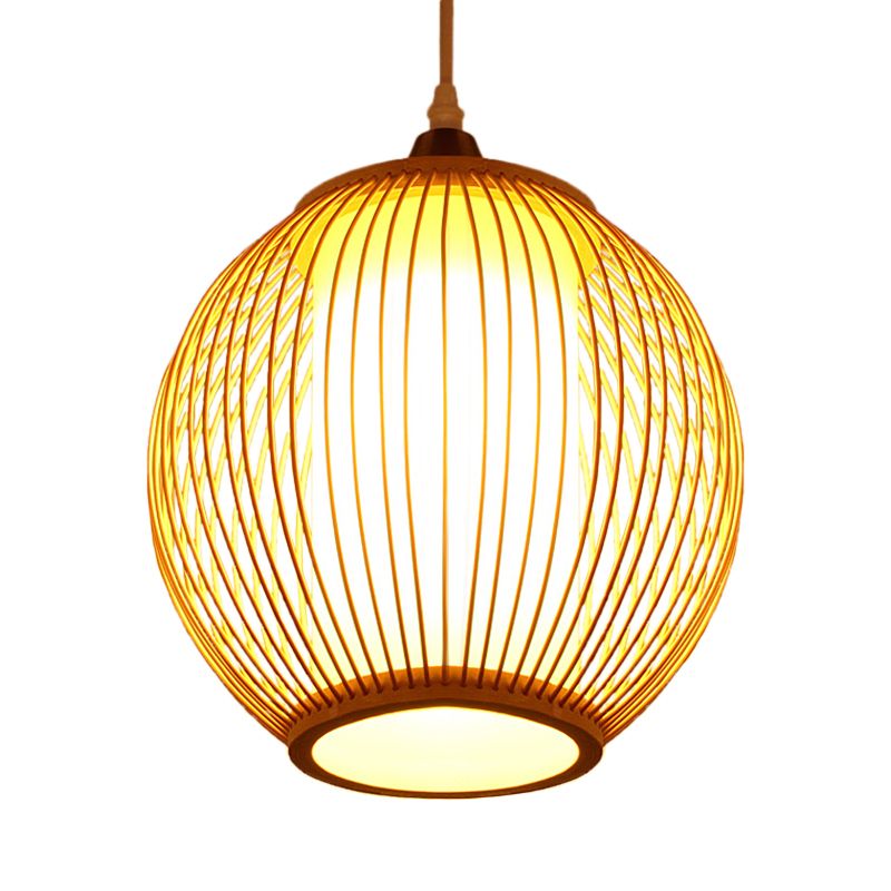 Chinese 1 Head Pendant Lighting Beige Lantern Ceiling Hanging Light with Bamboo Shade