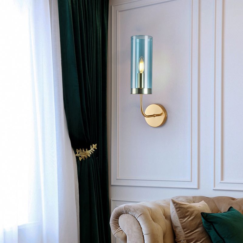 1/2-Light Living Room Wall Mount Lamp Retro Brass Sconce Light Fixture with Champagne/Light Blue Cylindrical Glass Shade