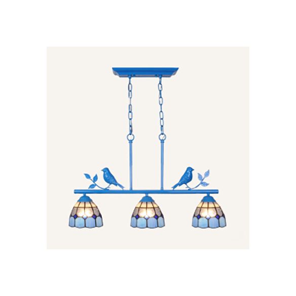 3 Bulbs Indoor Island Pendant Light Tiffany Style Antique Brass/Black/Blue Hanging Light with Dome Stainless Glass Shade