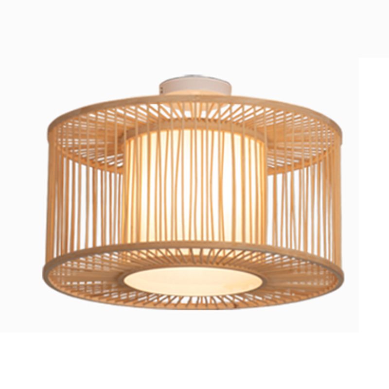 Beige Cylindrical Ceiling Mounted Light Asia Style Bamboo Bedroom Ceiling Lighting