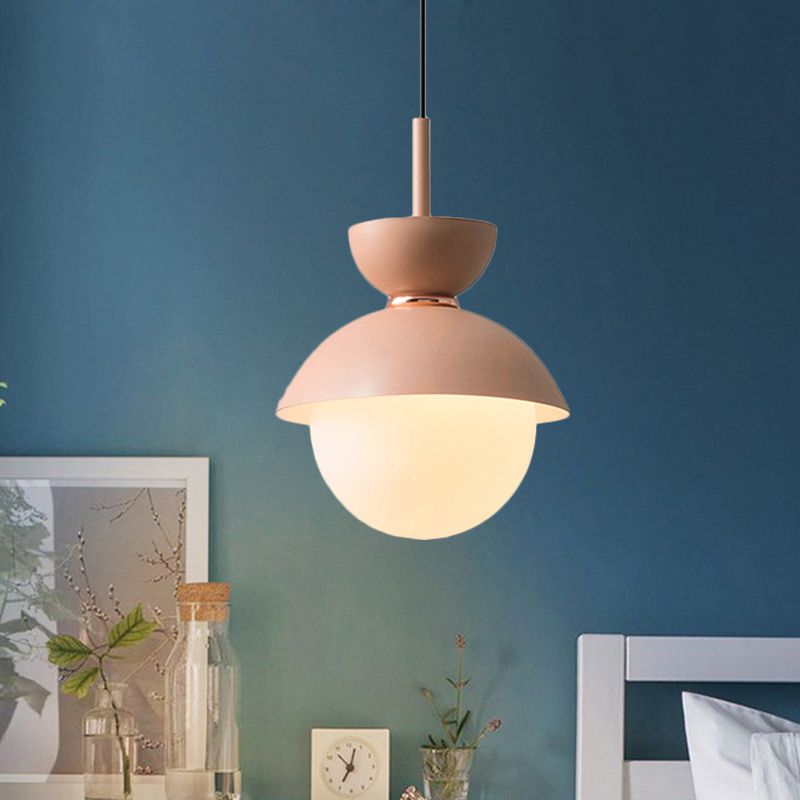 Pink Bowl Pendant Lighting Macaron 1 Light Iron Hanging Lamp Kit with Frosted Glass Diffuser