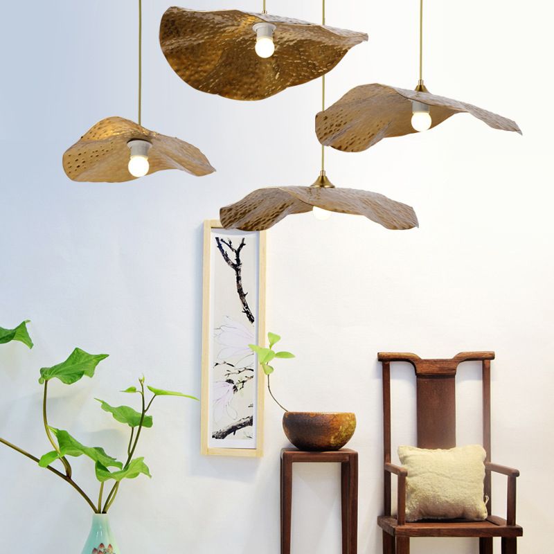 Hammered Lotus Leaf Metal Pendant Lamp Minimal 1 Light Brass Hanging Ceiling Light for Dining Room