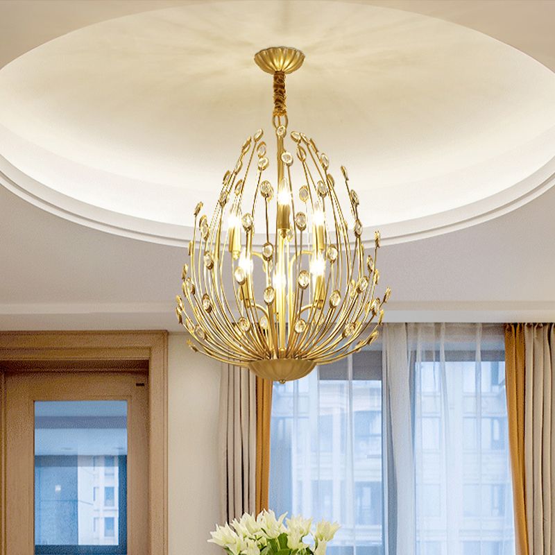 Crystal Gold Hanging Chandelier Ovoid Shaped Floral Vine 6 Bulbs Retro Stylish Pendant Light