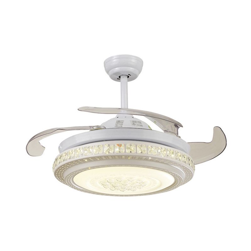 2-Tier Round Crystal Semi Mount Lighting Contemporary 16.5" Wide LED White Hanging Fan Lamp, 4 Blades