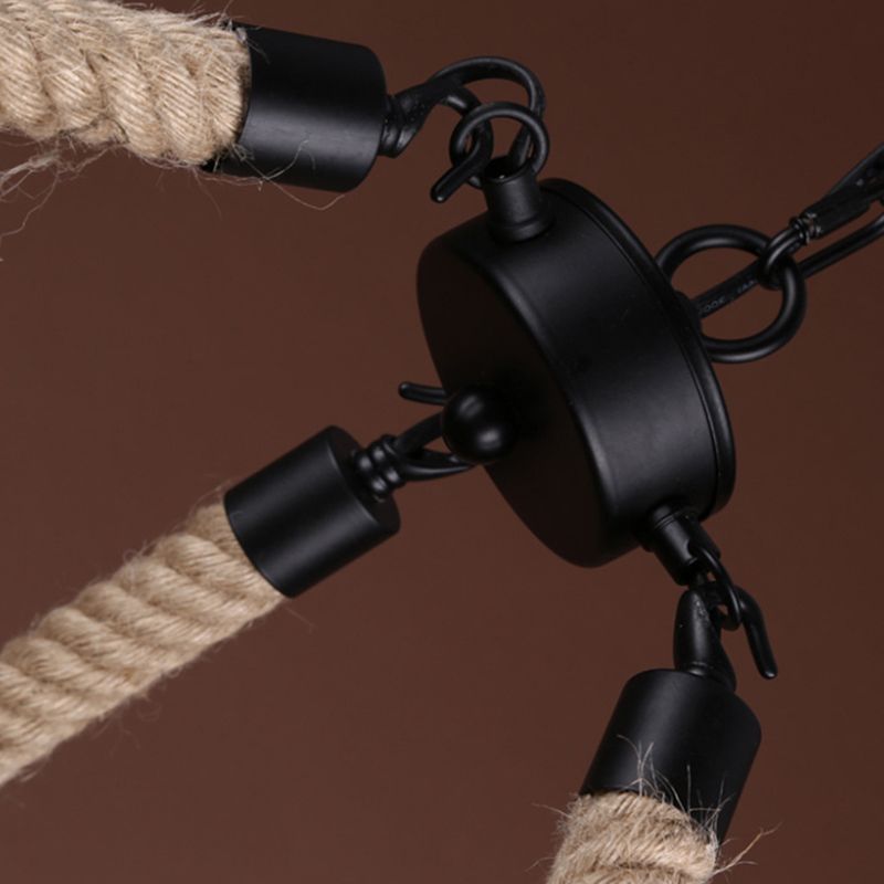 Hemp Rope Exposed Bulb Chandelier Antiqued Restaurant Pendant Light Kit in Beige
