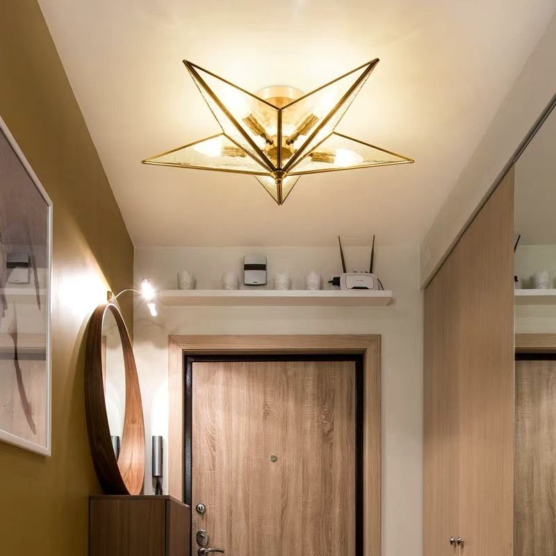 Lustre traditionnel en forme d'étoile en verre texturé, 5 ampoules, montage au plafond en laiton, pour le salon