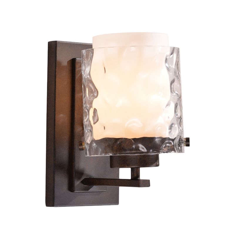 Traditional Cylinder Sconce Lamp Fixture 1-Light Clear Water Glass Wall Lighting in Black with White Shade Inner