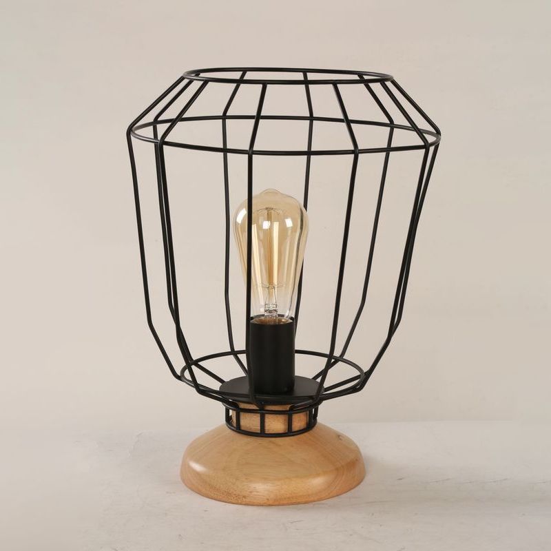 1 Bulb Table Lamp Industrial Stylish Pear/Barrel Shade Metal and Wood Task Lamp with Wire Guard in Black for Bedroom