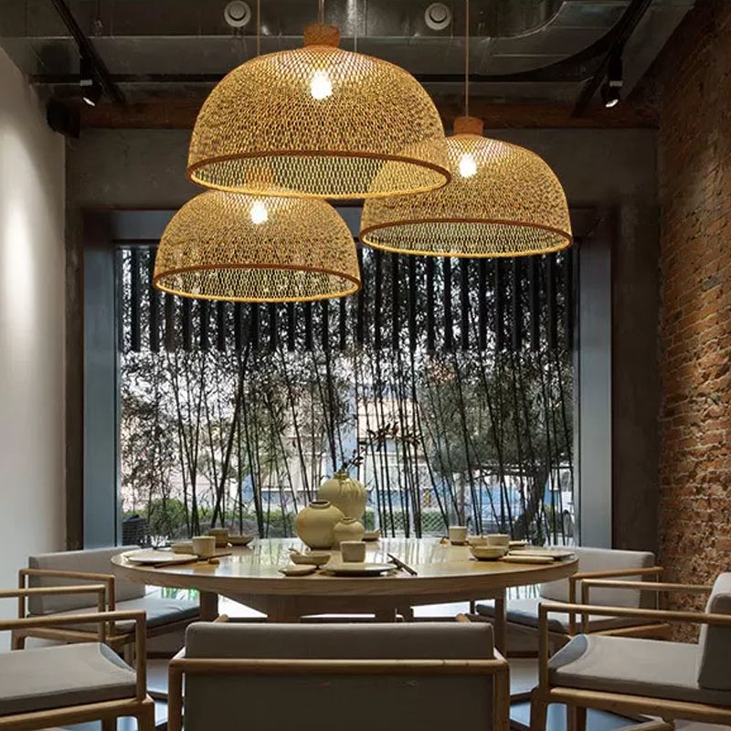 1 tête bistro pendule léger asiatique beige suspendu pendant avec bol / jar / cloche bambou nuage