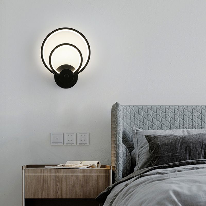 LED Bedroom Sconce Light Fixture Minimalist Black Wall Lighting with Circle Metal Shade