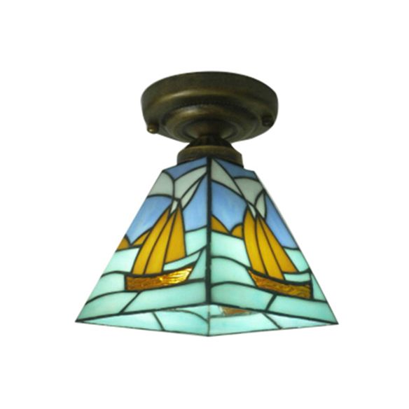 Nautical Sailboat Flush Light Stained Glass 1 Light Flush Ceiling Light in Blue for Bathroom