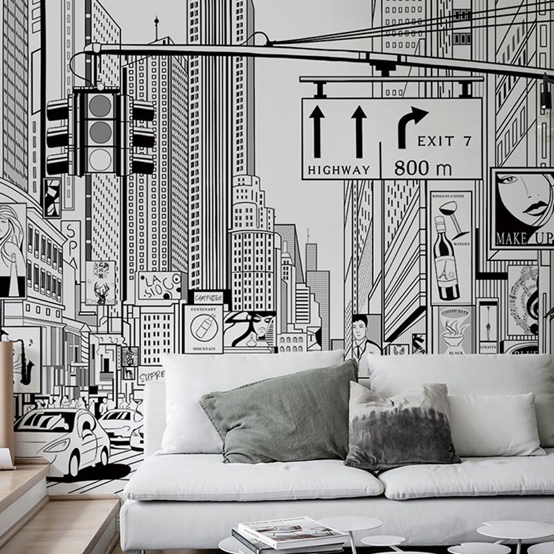 Illustration Style Mural Wallpaper Urban Crossroad and Street Custom Wall Art for Coffee Shop, Made to Measure
