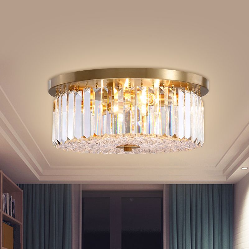 Prismatic Crystal Brass Flushmount Drum Shaped 4-Light Postmodern Ceiling Flush Light