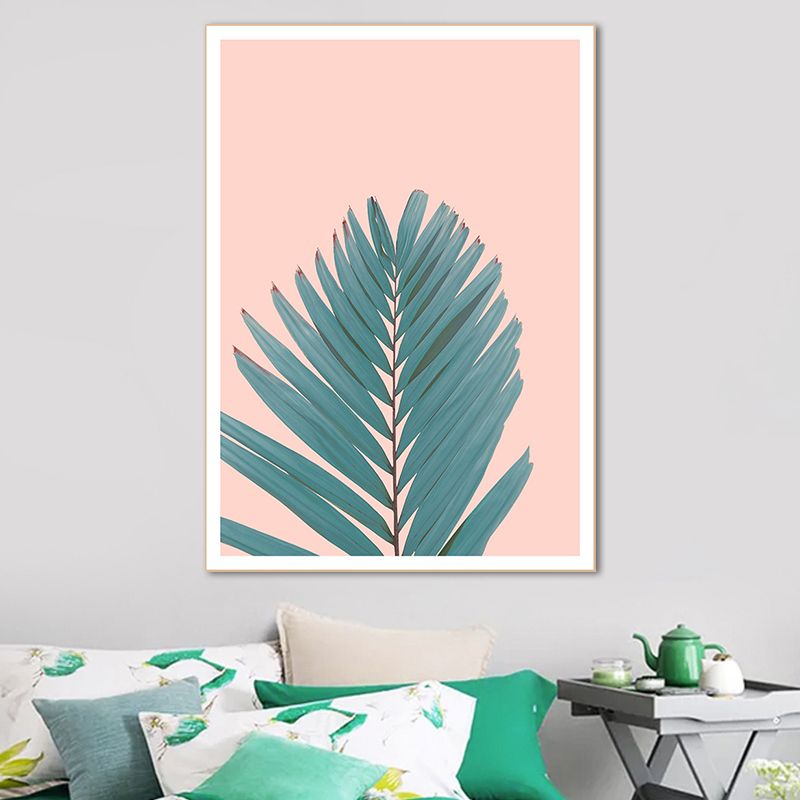 Nordic Fan Leaf Plant Art Print Green and Pink Textured Wall Decor for Living Room