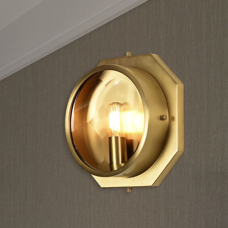 Octagon Bedroom Wall Mounted Light Colonialism Metal 1 Head Gold Sconce with Crystal Accent