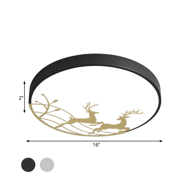 Elk Dance Patterned Round Flush Light Nordic Acrylic White/Black LED Ceiling Mount Lamp for Bedroom