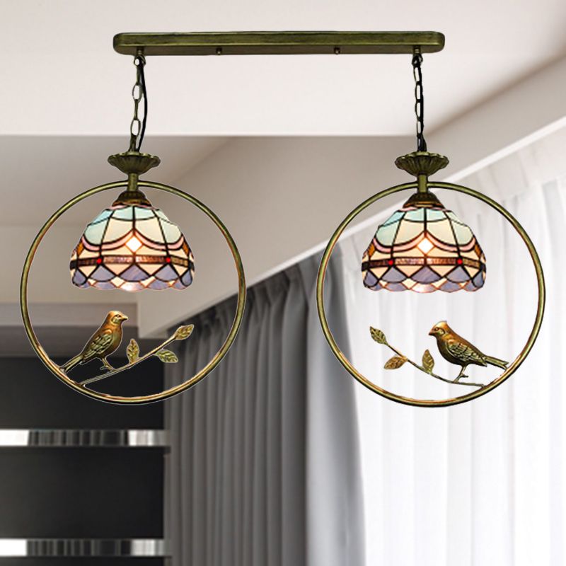 Victorian Designed Suspension Light with Little Bird 2 Bulbs Tiffany Stained Glass Hanging Light for Bookstore