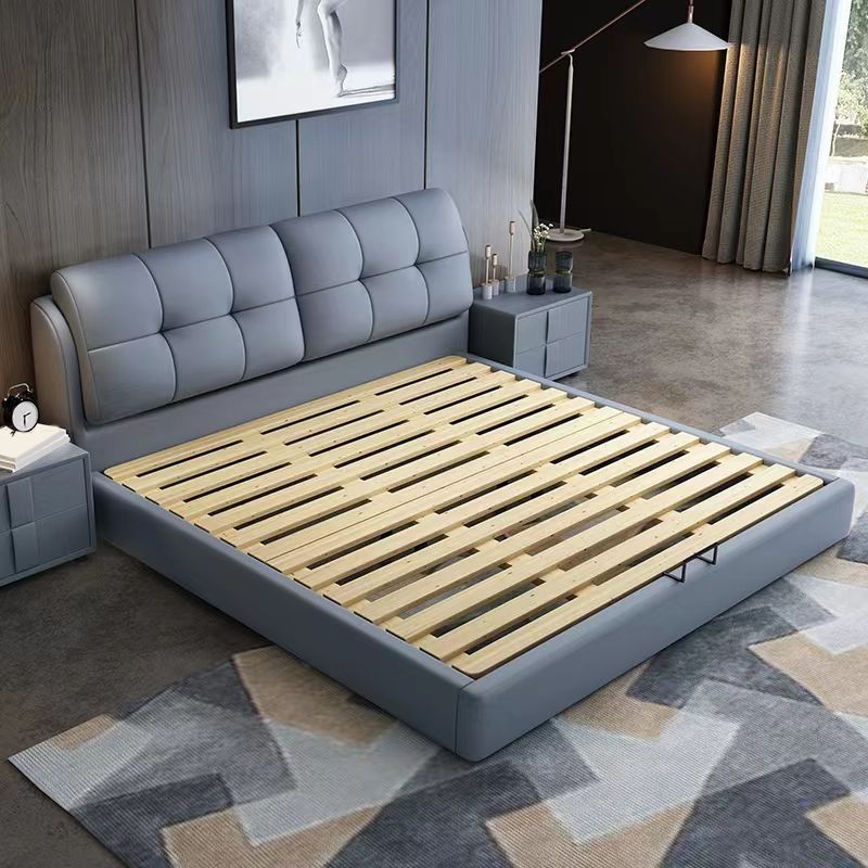 Contemporary Faux Leather Standard Bed, Rectangular Upholstered Headboard Bed