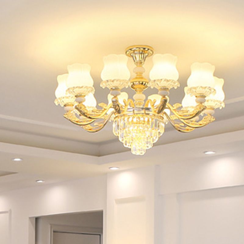 Gold Chandelier Light Retro Opal Glass Bud Pendant Light Fixture with Tiered Crystal Decor