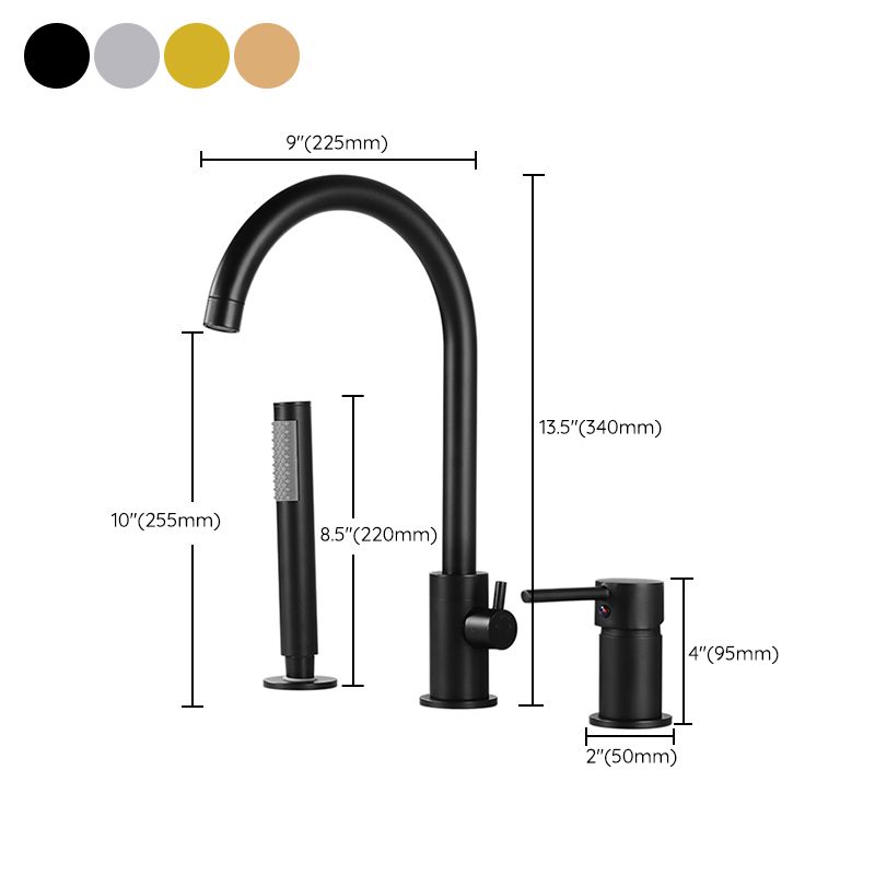 Modern Deck Mounted Metal Tub Filler Gooseneck Faucet in Black/Gold/Silver