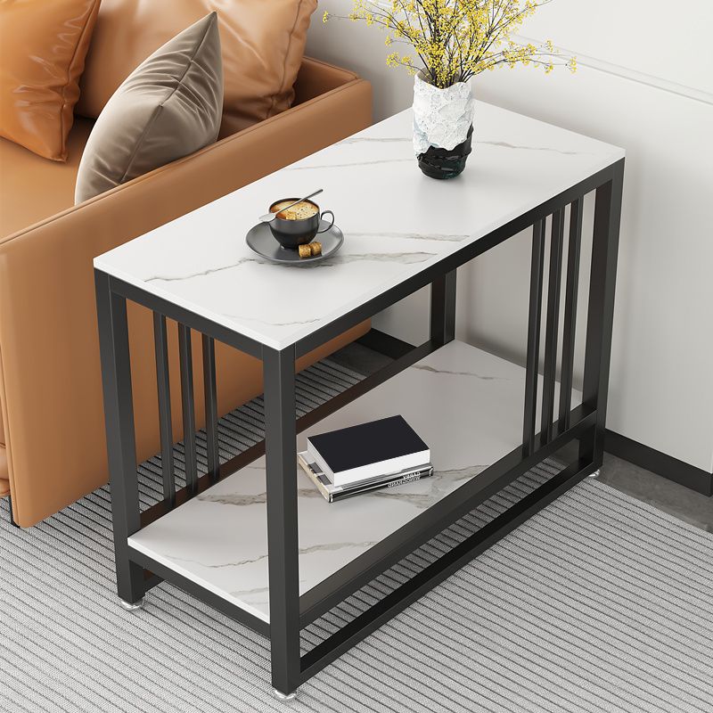 Metal Frame End Table 2-Tier Stone Top Accent Side Table with Shelf