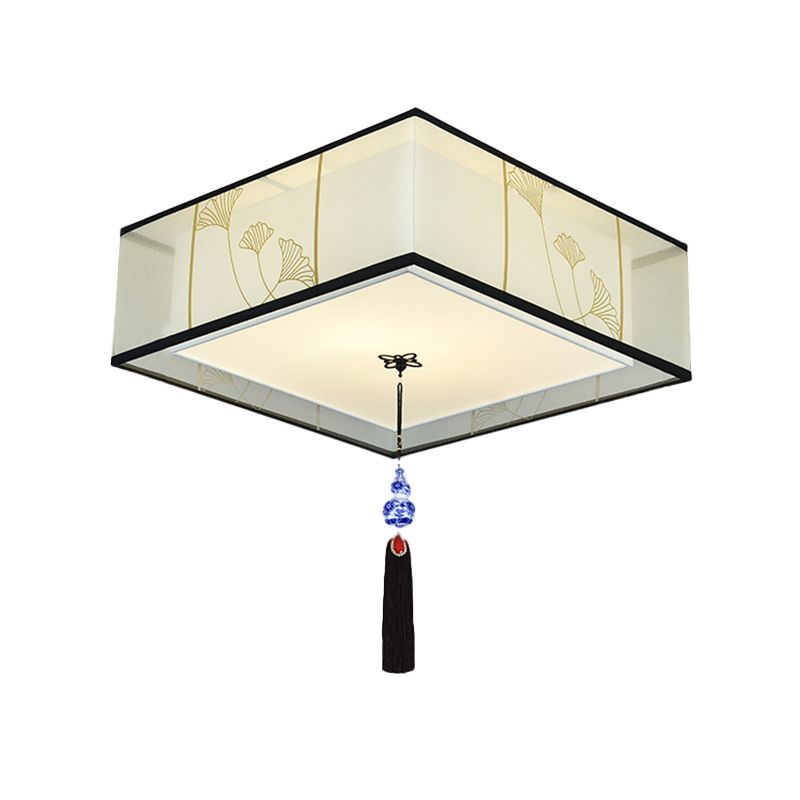 New Chinese Ceiling Light Geometry Shape Ceiling Lamp with Fabric Shade for Bedroom
