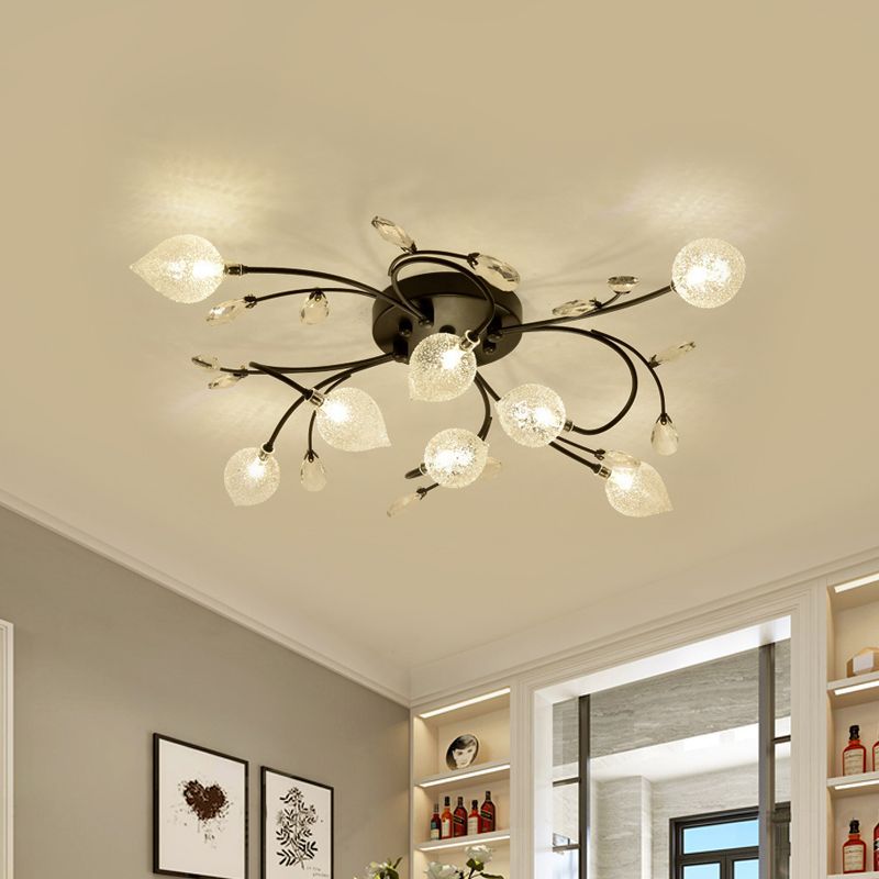 Sputnik Semi Flush Light Rustic Clear Glass 8/12-Head Bedroom Ceiling Flush Mount with Crystal Deco in Black/Gold