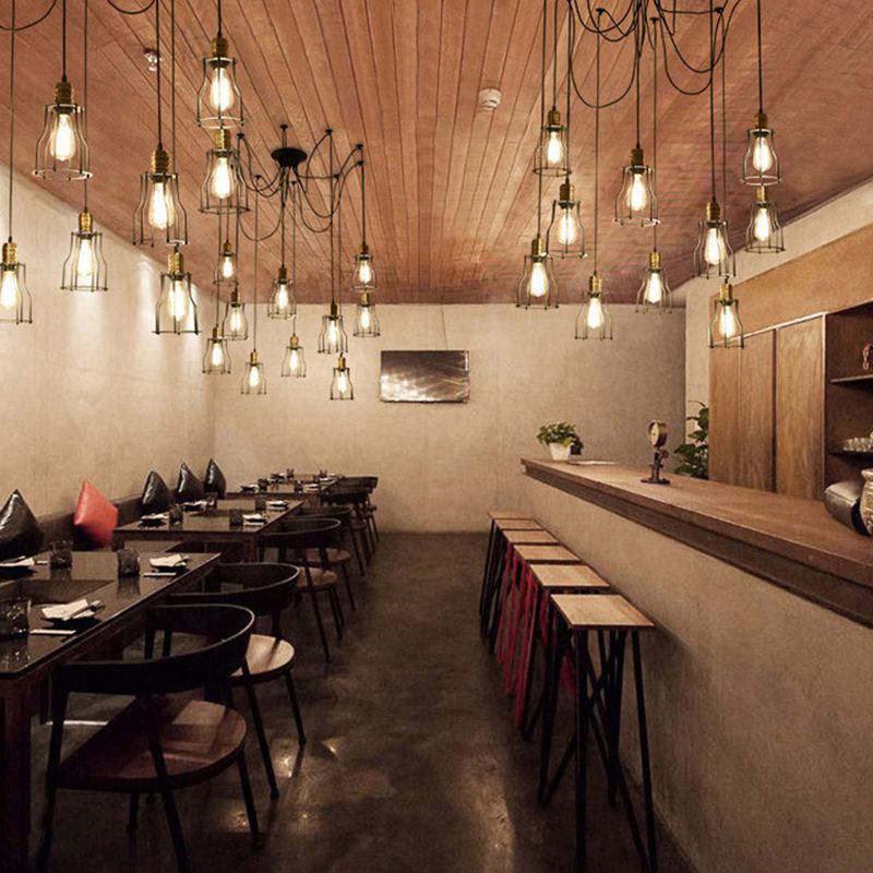 Caged Iron Ceiling Pendant Industrial 10 Bulbs Restaurant Multi Light Chandelier in Black
