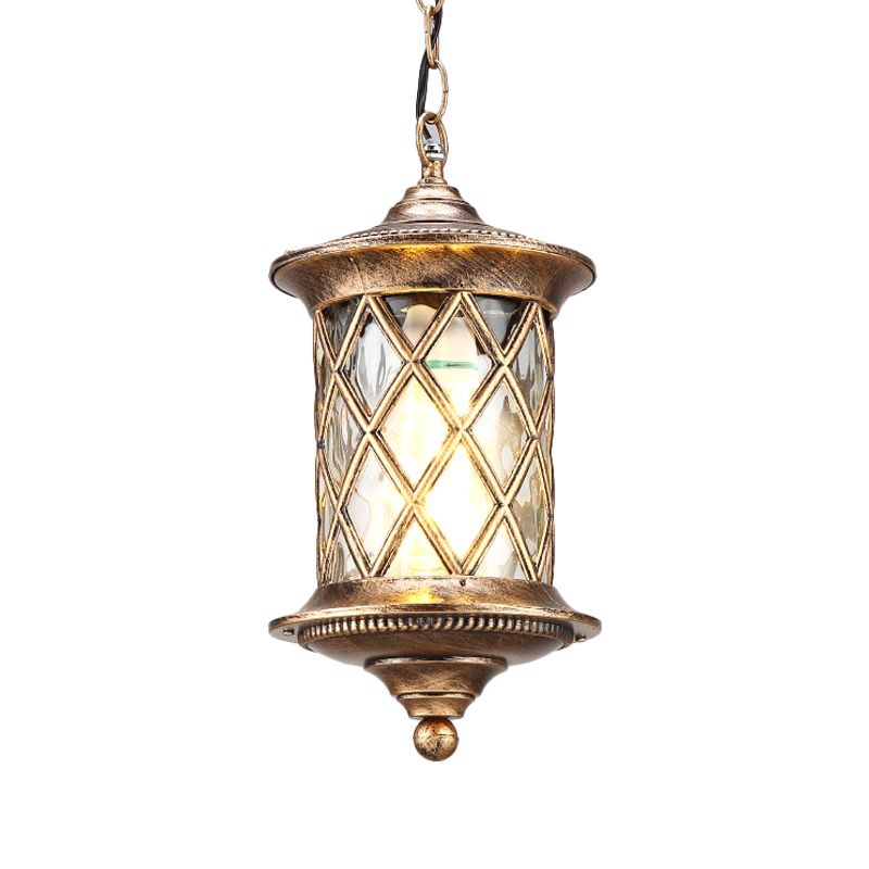 Clear Water Glass Bronze Hanging Light Kit Cylinder 1-Light Rustic Suspension Pendant with Lattice Cage