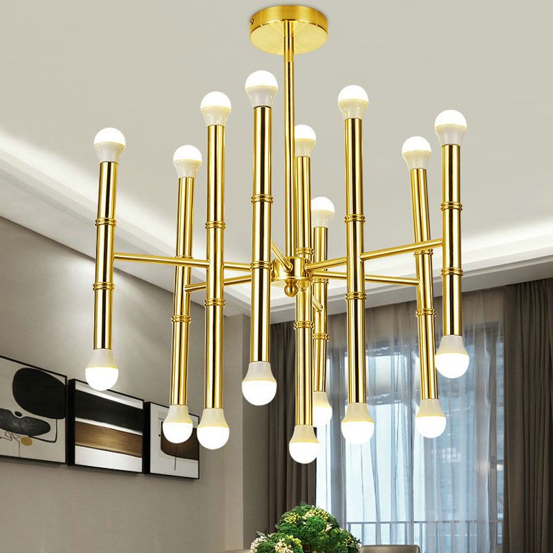 Modern Slim Tube Chandelier Metallic 18 Bulbs Living Room Radial Ceiling Pendant Light in Gold