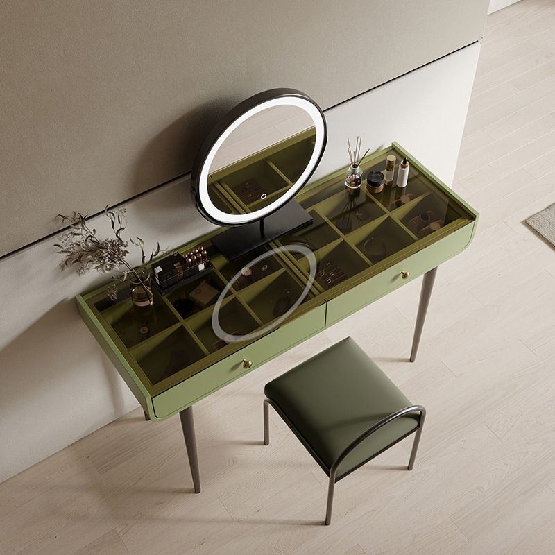 16.53" Wide Glass Makeup Counter Green Vanity Tables with 2 Storage Drawers
