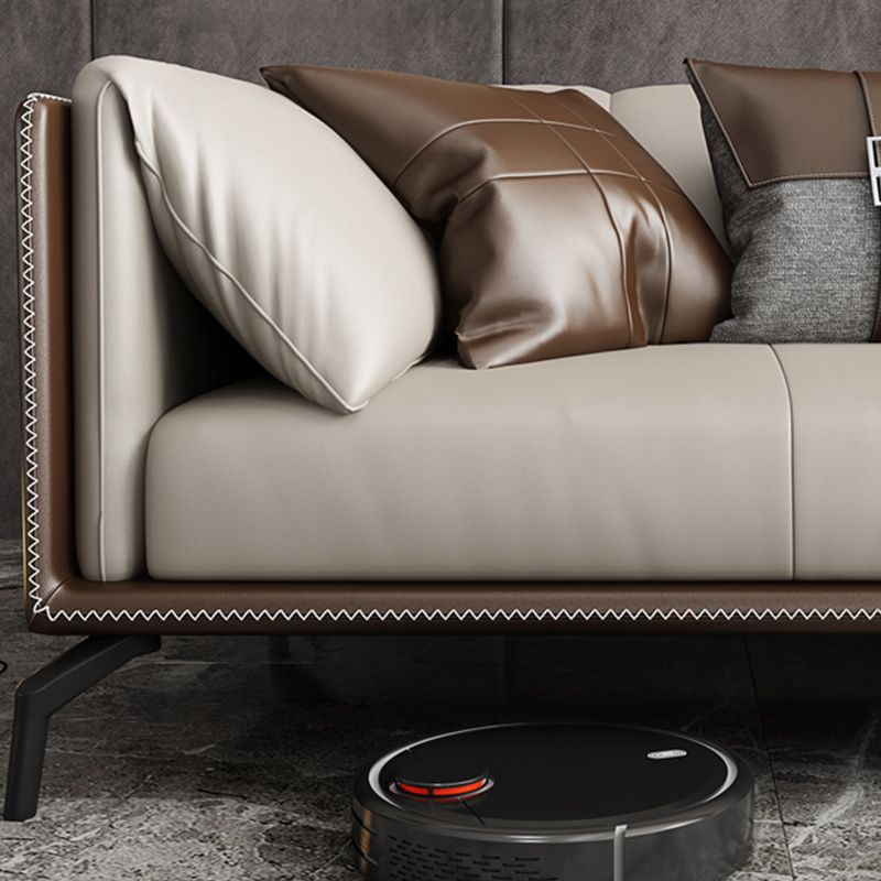 Genuine Leather Tuxedo Arm Sofa Contemporary Brown Sofa with Cushions