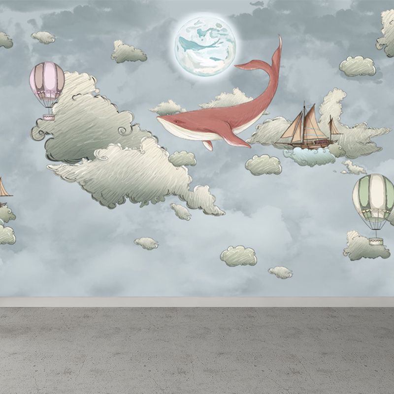 Whale and Sea Mural Decal Pastel Color Children's Art Wall Covering for Kids Room