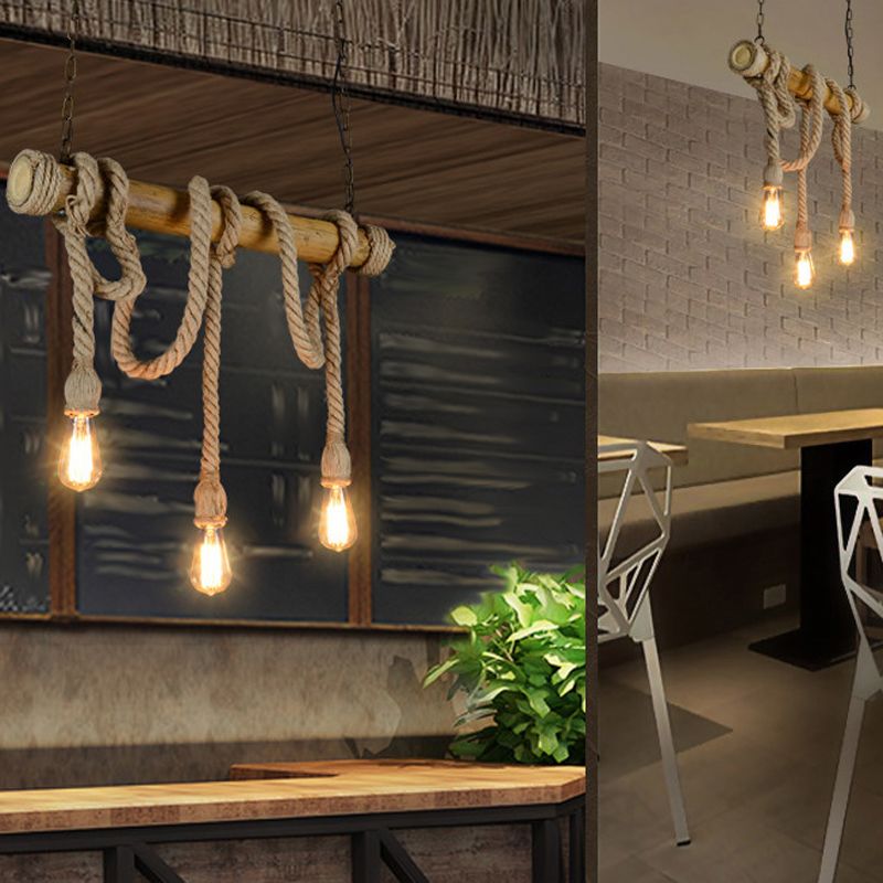 Bamboo 3 / 6 - Light Island Light Industrial Ceiling Pendant with Hemp Rope